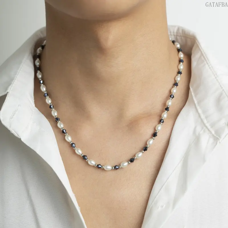 Men's Black Geometric Crystal Choker Necklace - Unisex Minimalist Faux Pearl Bead Spliced Layered Collarbone Jewelry, Streetwear All-Season Accessory Gift for Guys (Sports & Outdoor Style Complement),back to school,back to school haul