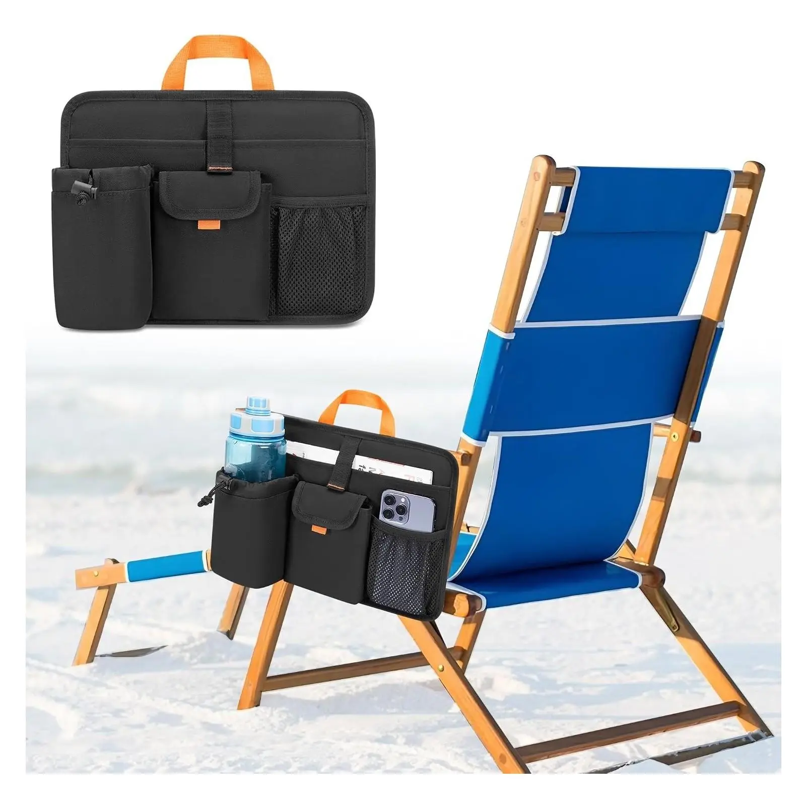 Beach Chair Cup Holders Arm Organizer for Camping with 2 Fastener Straps, Self-Adhesive Insulated Hanging Bag with 4 Pockets, Camp Chair Accessories for Water Bottle & Magazine, Black Patent DesignGift