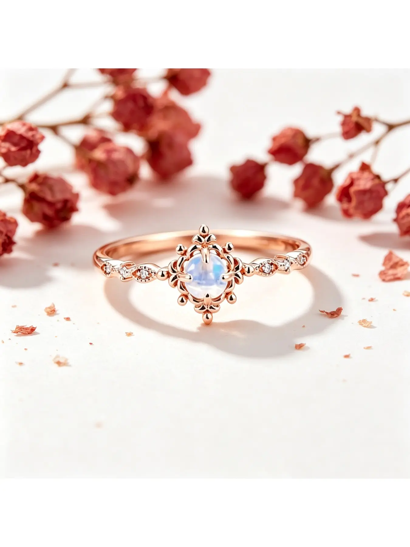 Round Cabochon Iridescent Moonstone Vintage Floral Rose Gold Engagement Ring, Bridal Ring, Soft Forest Gift for Women, Side Tiny Floral Diamond Thin Band for Everyday Wear, Fit for Easter Trips, Valentine Dates and Woodland Proposal Scenes