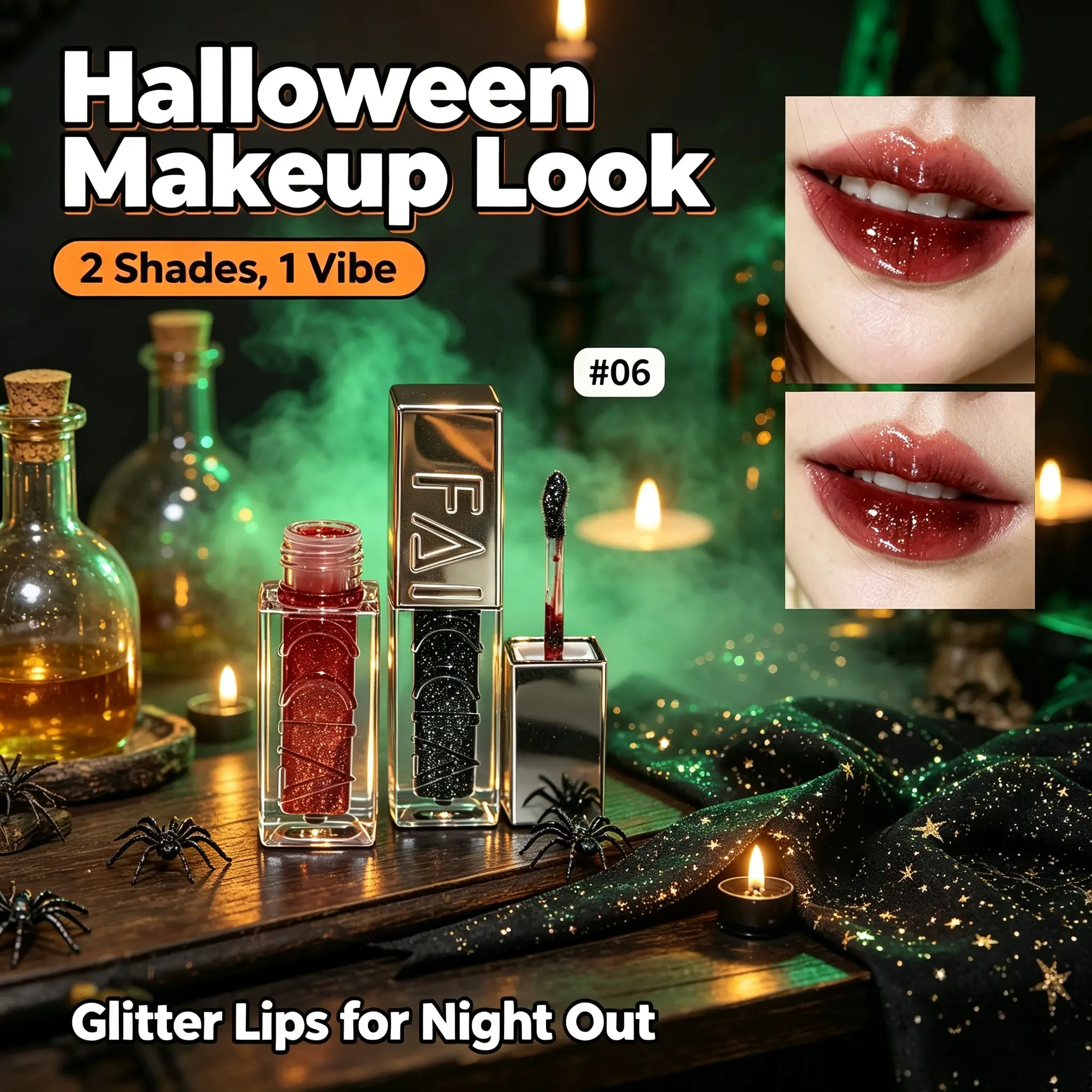 Dark Gothic Halloween 2‑in‑1 Lip Gloss Set, Mirror Shimmer Glass Lip Finish, Striking #06 Wine Red & #07 Cool Black, Rich Pigment, Premium Finish, For Halloween Party, Stage Performance & Themed Cosplay, Unique Lip Makeup Kit.