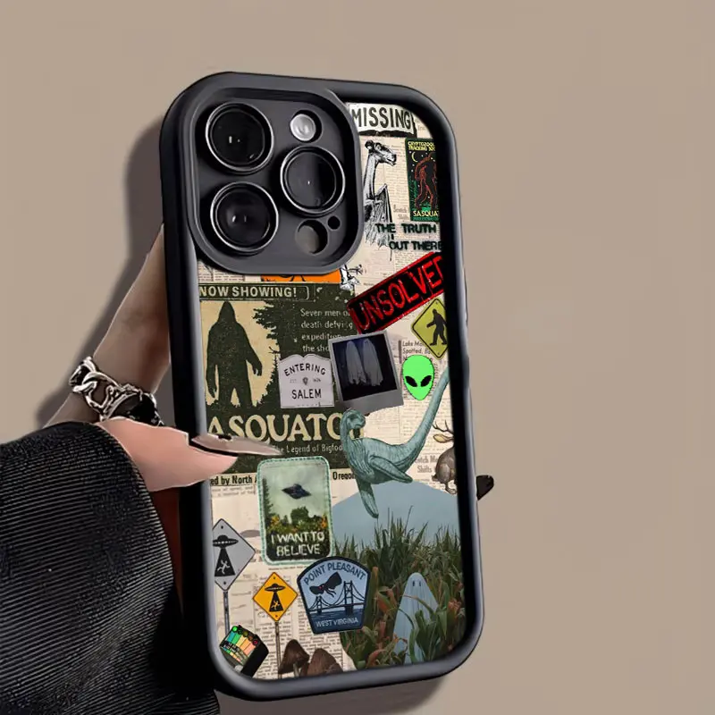 Cryptid Creature and Alien Pattern Phone Case, Mysterious Retro Horror Style for iPhone 17 16 15 14 13 12 11 Plus Pro Max.
