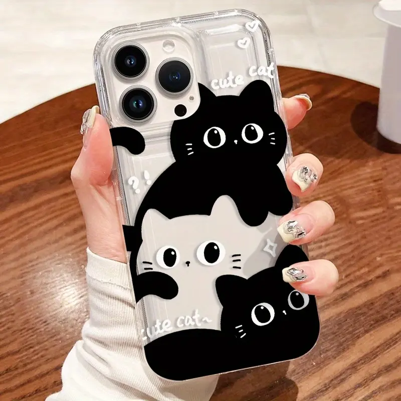Transparent Silicone Air Cushion Shockproof Phone Case - 3 Adorable Stacked Cats Design, Multi-Model for iPhone Series (17 Pro Max,17 Air,16,15,14 Plus,13,12,11,X Series), iOS Devices Accessories, Ideal Birthday Gift, Shock-Resistant