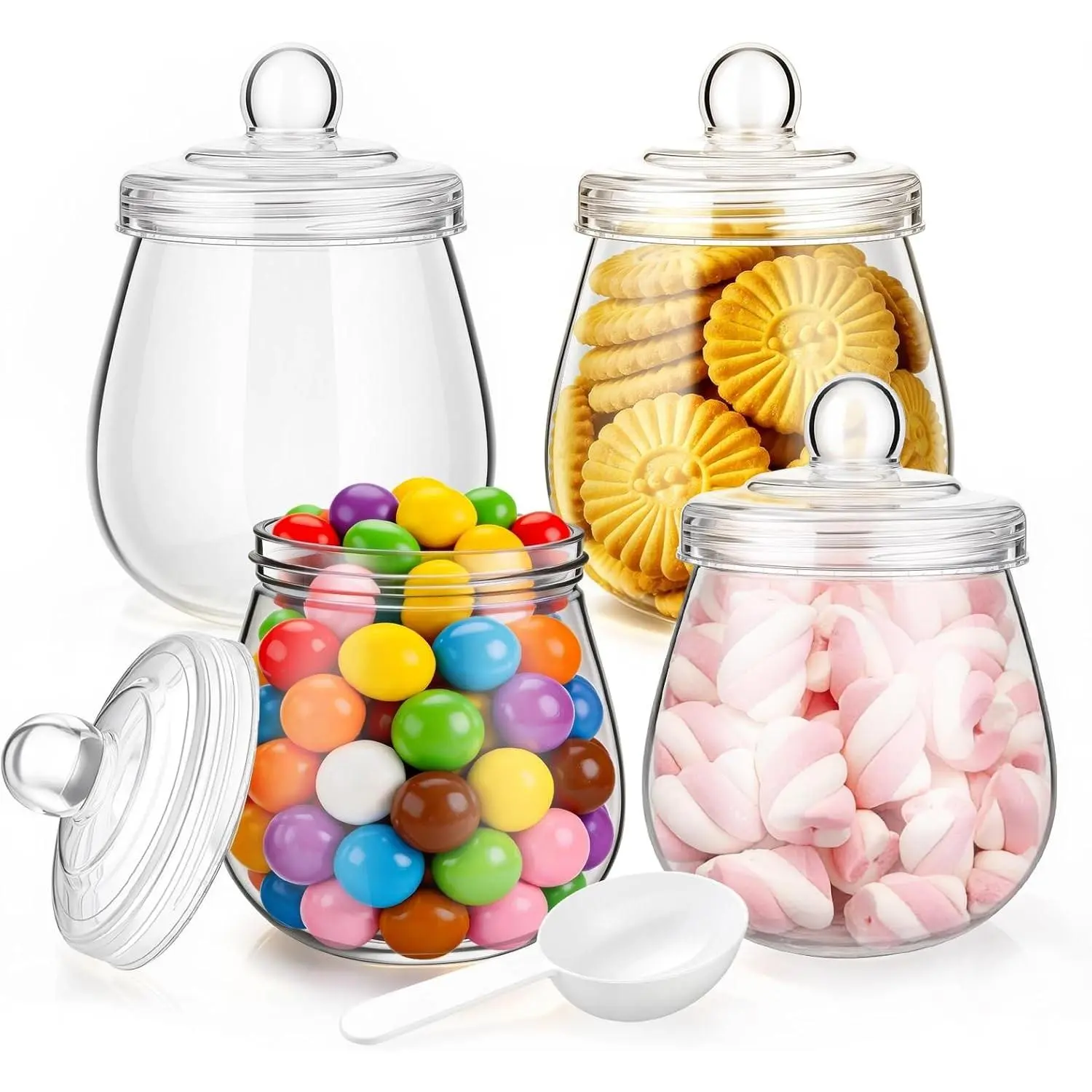 4Pcs Candy Jars with Lids&Spoons Cookie Dispenser Snack Container | Airtight Storage Organization, 16 OZ Plastic Storage Organization, Clear Canister for Buffet,Wedding,Home,Kitchen,Bar,Office