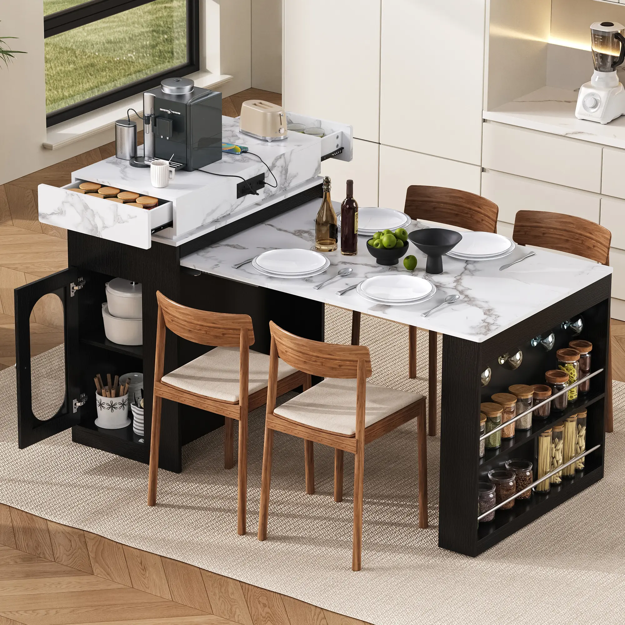 ARCH TREXM Extendable Dining Table - Rectangular Multi-Form Dining Room Furniture, Compact to Spacious, Indoor Mobile Kitchen Island with Folding Tabletop, Drawers, Built-in Power Outlet, Wheels, Hooks, Black Marble White Finish, 1 Pack, Assembly Required