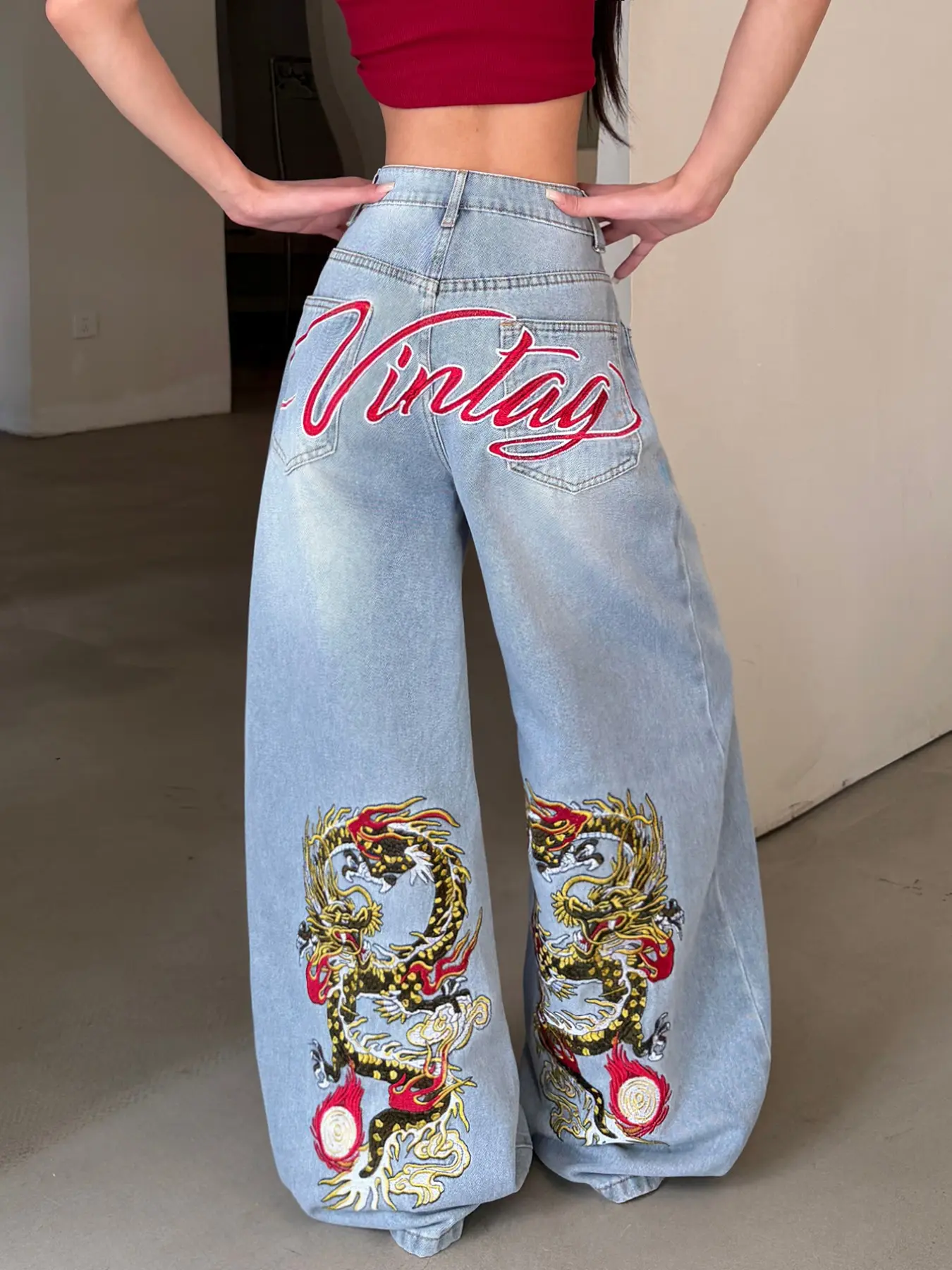 American Vintage Colorful Dragon Embroidered Women's Jeans, High Waist Loose Fit Wide Leg Casual Long Pants, No Belt Included