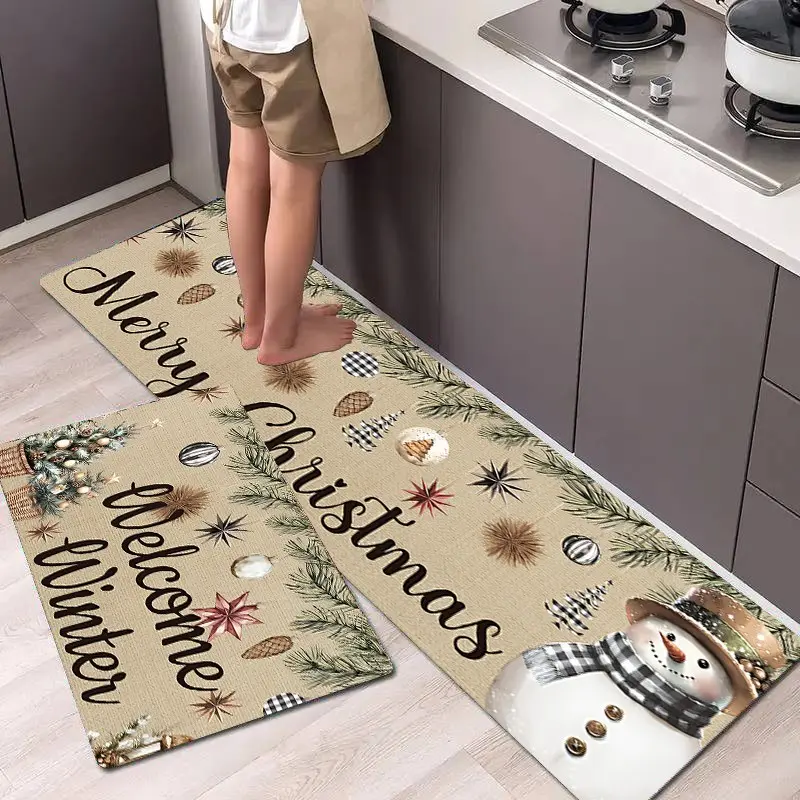 2pcs Christmas Eve Santa Tree Snowman Rug Set, Farmhouse Kitchen Carpet, Dining Room Floor Mat, Laundry Room Decorative Rug Pad