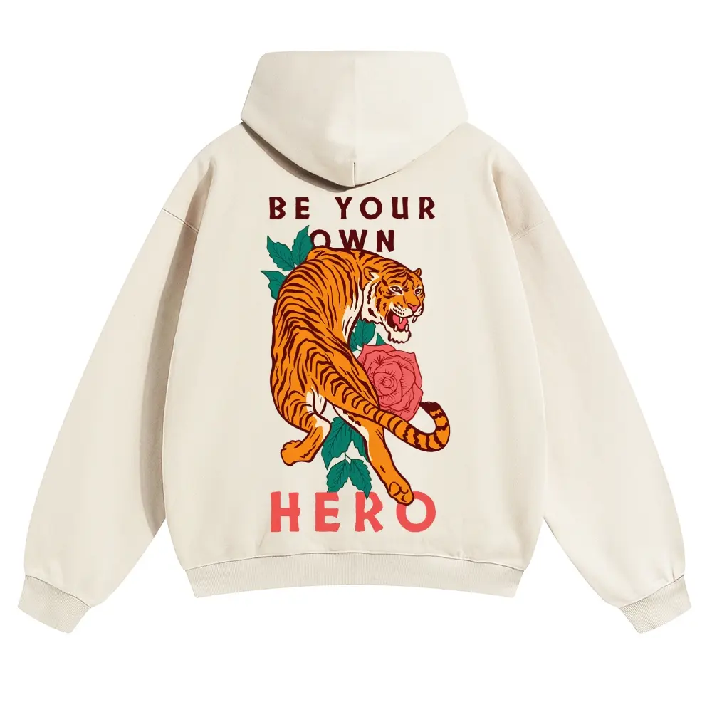 Unisex BE YOUR OWN Powerful Tiger, Roses and Leaves Graphic hoodie Personalized Pattern Y2k Clothing Round Neck hoodie,Women's Clothing, Menswear, Top, Vintage Style,Summer Casual Oversized