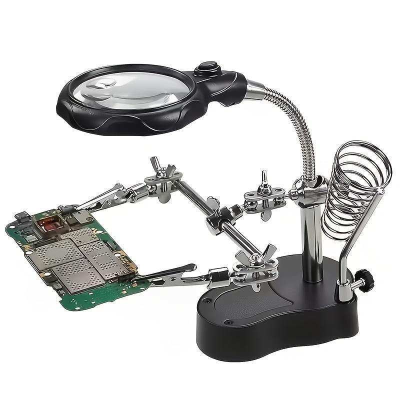 Professional Electronic Inspection And Repair Station Featuring a Built-In Lighted Magnifying Glass. Includes a Heavy-Duty Adjustable Folding Stand And Ergonomic Base, Powered by Low-Voltage Batteries. Ideal for Electronics Repair, Watchmaking