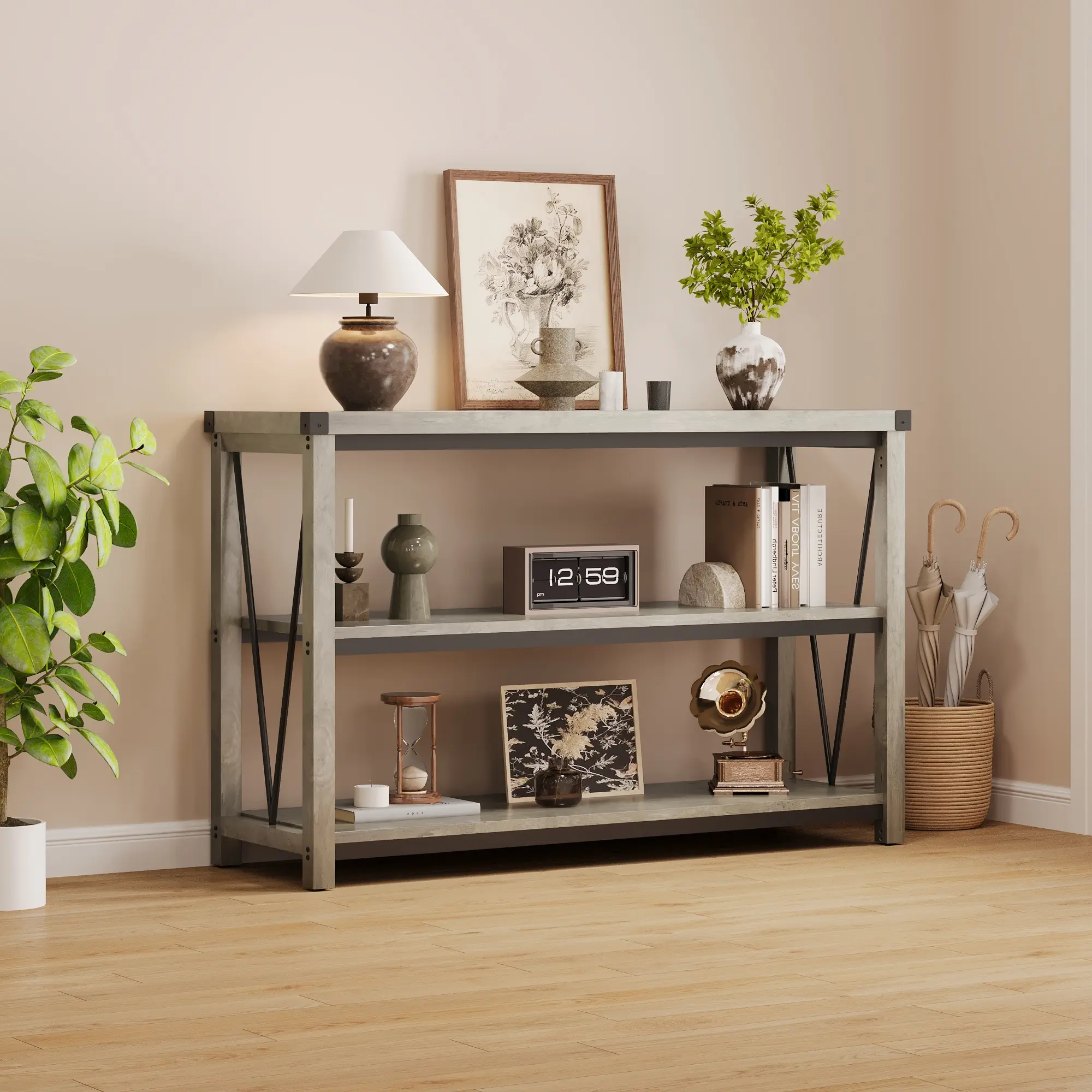Garvee 47 Inch Farmhouse Console Table – Narrow 3-Tier Wood Sofa Entryway Table with Storage – Rustic Grey Accent Furniture for Living Room, Hallway, or Behind Couch, Console Desk, Storage Table, Entryway Console, Small Space Table, Apartment Furniture