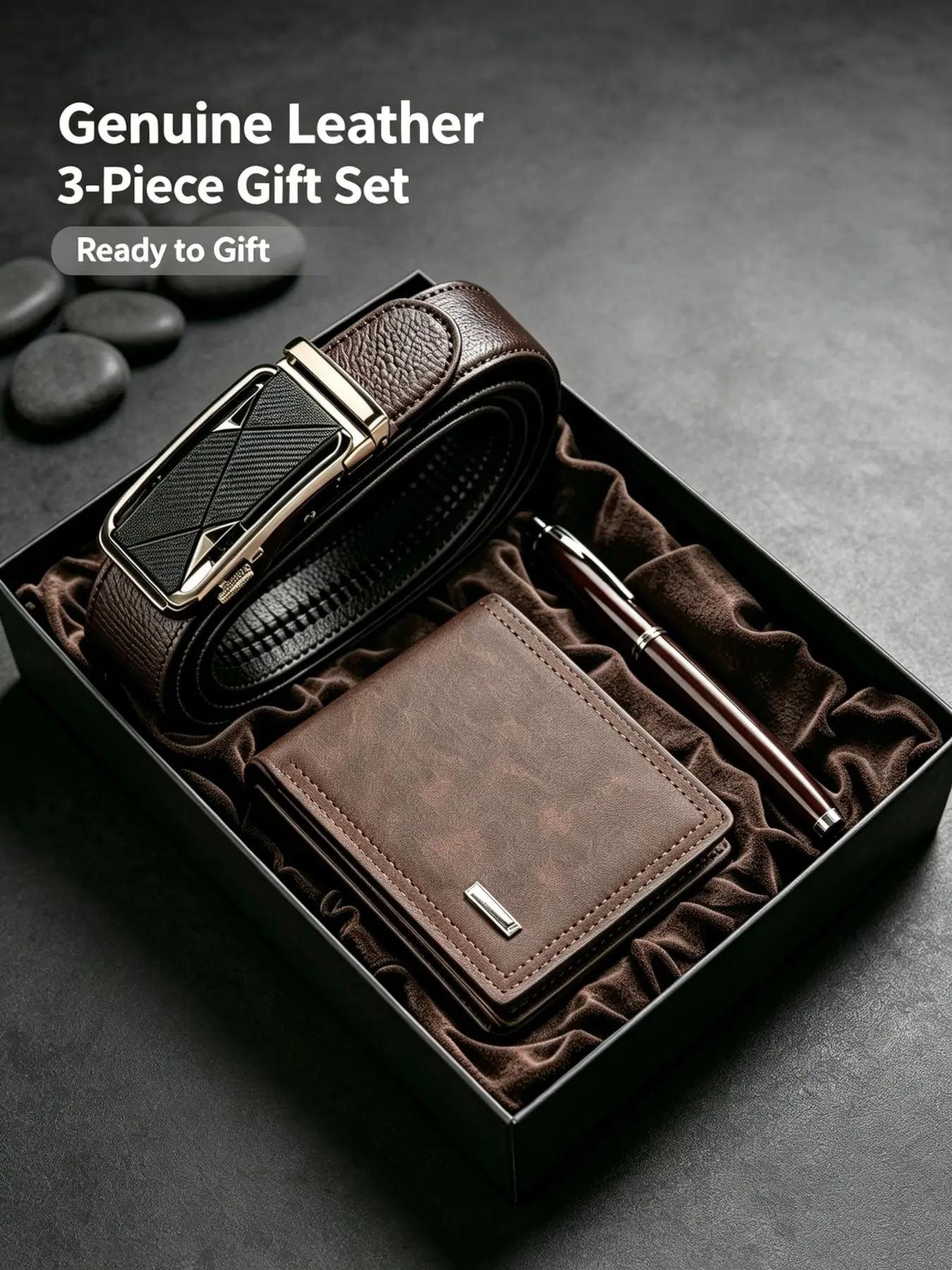 Men Top Grain Cowhide Leather Accessory Bundle Automatic Buckle Belt Bifold Short Wallet Rollerball Pen Daily Business Essentials Perfect Birthday Christmas Father's Day Thanksgiving Anniversary Present For Dad Husband Boyfriend