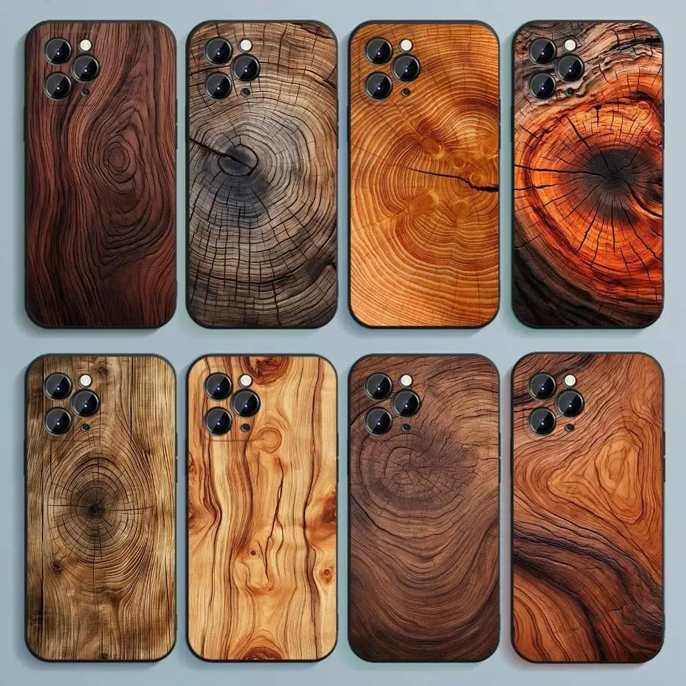 Natural wood phone case with black soft edges, compatible with iPhone 11–17 Pro Max/Plus series and Samsung Galaxy S23–S25 series.