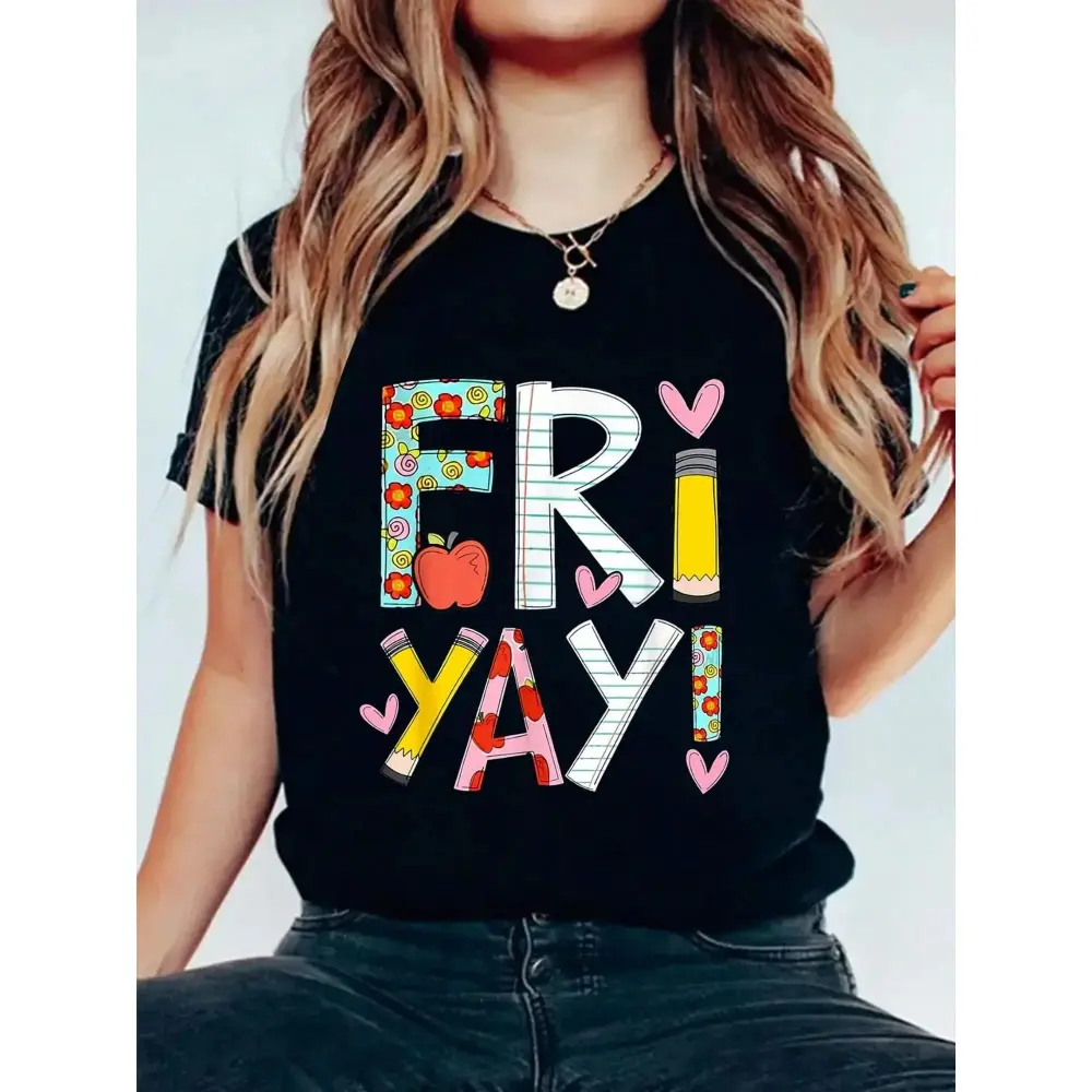 Fri-Yay! Women's Fun Friday Teacher T-Shirt – Colorful Letter Print with Floral & Elements, Soft , Round Neck, Short Sleeve, Stretch Fabric, Casual Summer Top for Teachers &, Event Attire Crewneck Basic