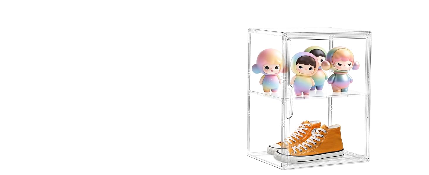Acrylic Display Case for Collectibles, Clear Storage Bin with 3 Adjustable Layers and 1 Removable Divider, Stackable Clear Storage Box with Magnetic Door for Figures, Home or Office,Large