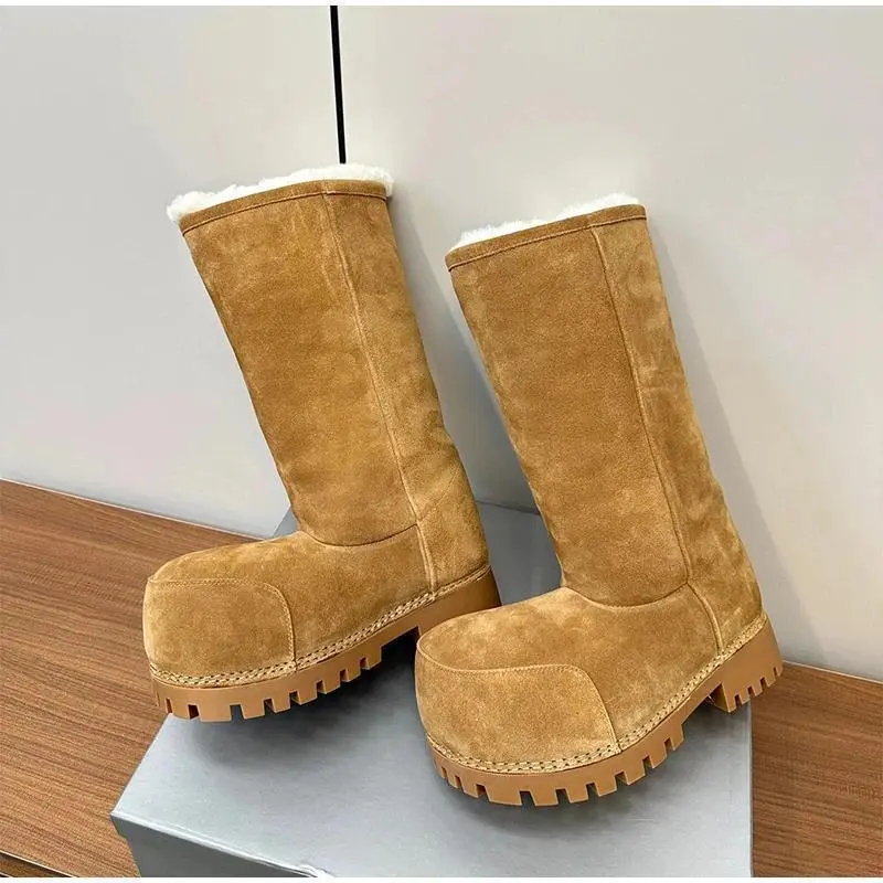 Women's Brown Platform Snow Boots, Chunky Round Toe Mid-Calf Winter Boots with Warm Plush Cotton Lining, Chunky Heel, Thick Sole