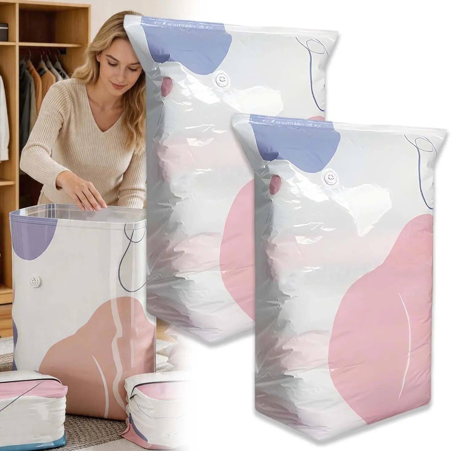 No‑Pump Vacuum Storage Bags, Large Cube Vacuum Seal Bags, Press & seal, No Pump Needed, for Jumbo Clothes Bedding,Comforters,Off‑Season Gear, Plastic Storage Bags