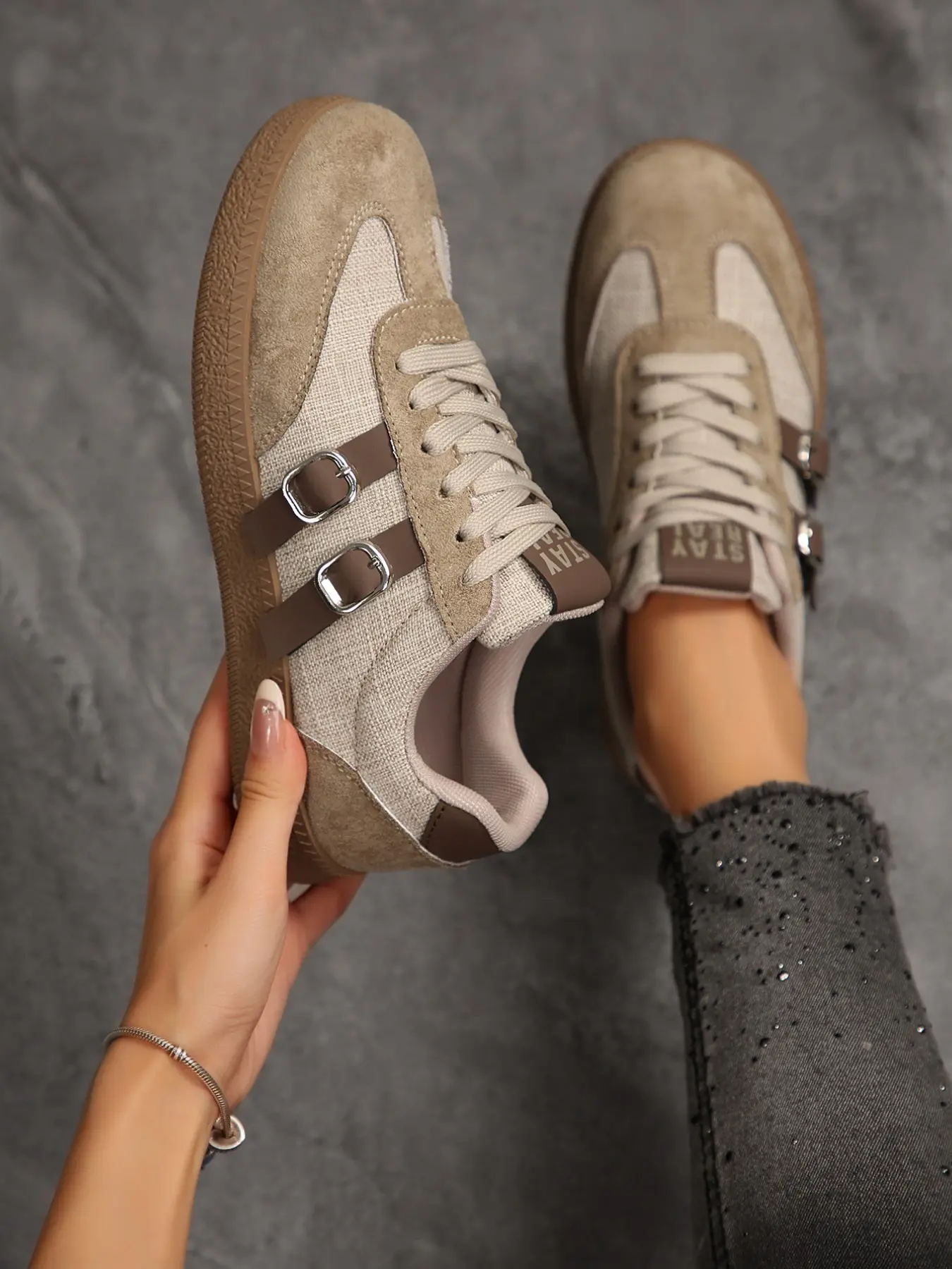 Spring Summer New Fashion Casual Versatile Comfort Korean Style Patchwork Buckle Round Toe Tie-On Outdoor Daily Commute Sports Shoes for Women