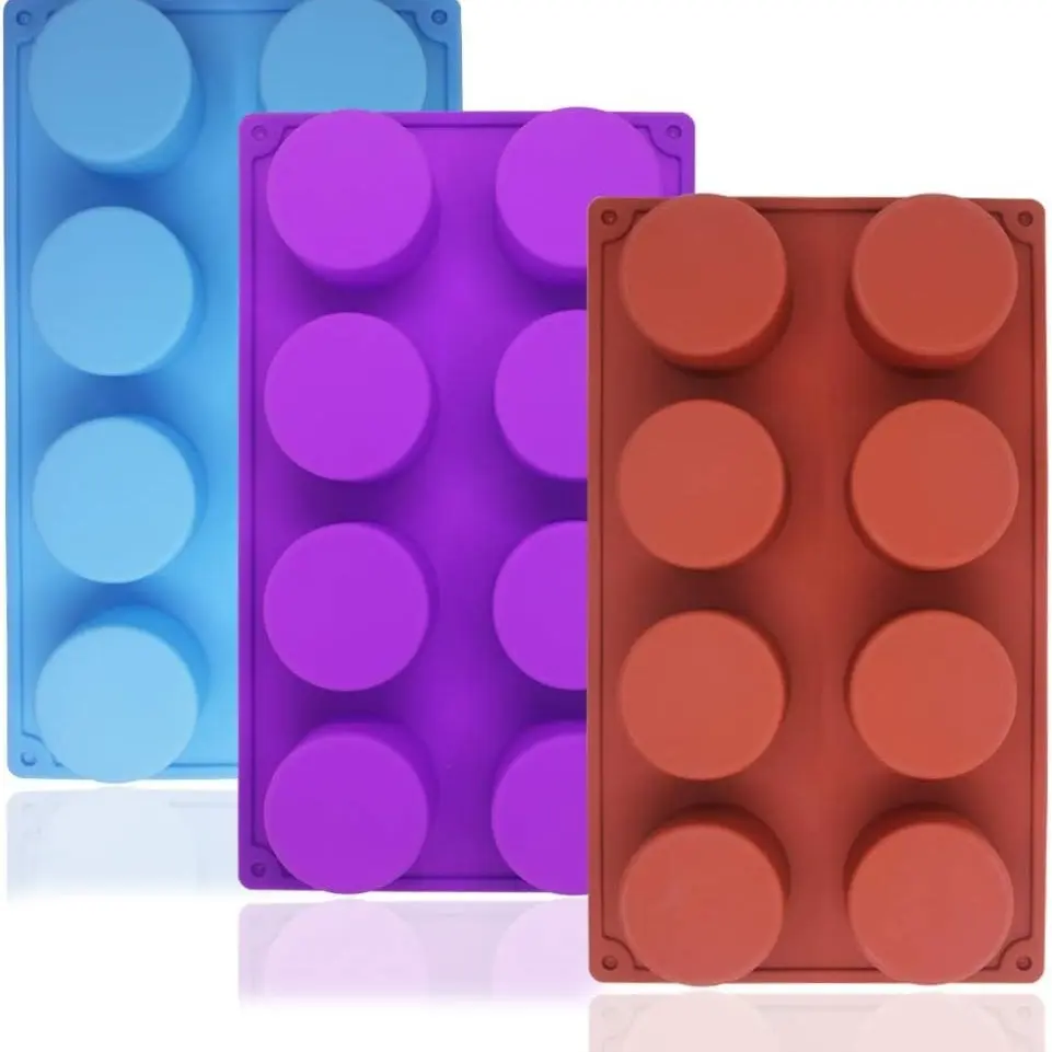 3pcs 8-Connected Round Silicone Baking Molds, Cake Tray Mold for Cupcakes, Cookies, Soap, Pancakes, Resin Casting, Ice Cubes, Non Toxic Bakeware, Home Baking Supplies