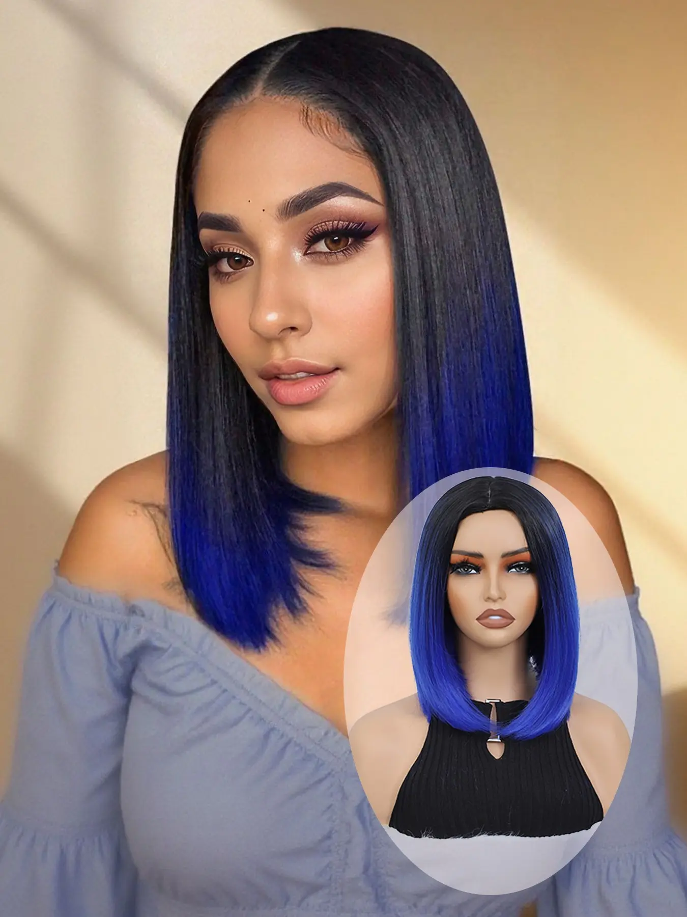 12-inch short bob hairstyle wig with gradient color from black to blue, middle part is blue sapphire blue. Bowl-shaped cut wig made of heat-resistant synthetic hair. Costume party wig.