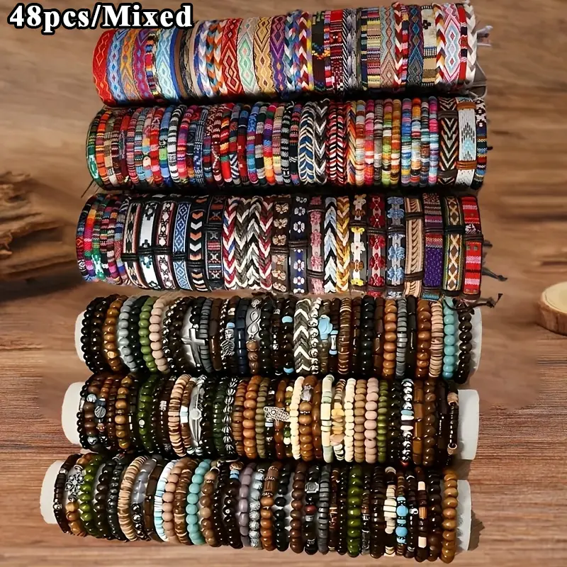 48-Pack Unisex Bohemian Bracelets, Handmade Woven Braids with Wooden Beads & Fabric Cords, Mixed Color Assorted Styles for Everyday Stacking, Mixed Colors, Stackable, All Seasons, Handmade Craft, Boho Accessories, 48Pcs, Unisex Wear