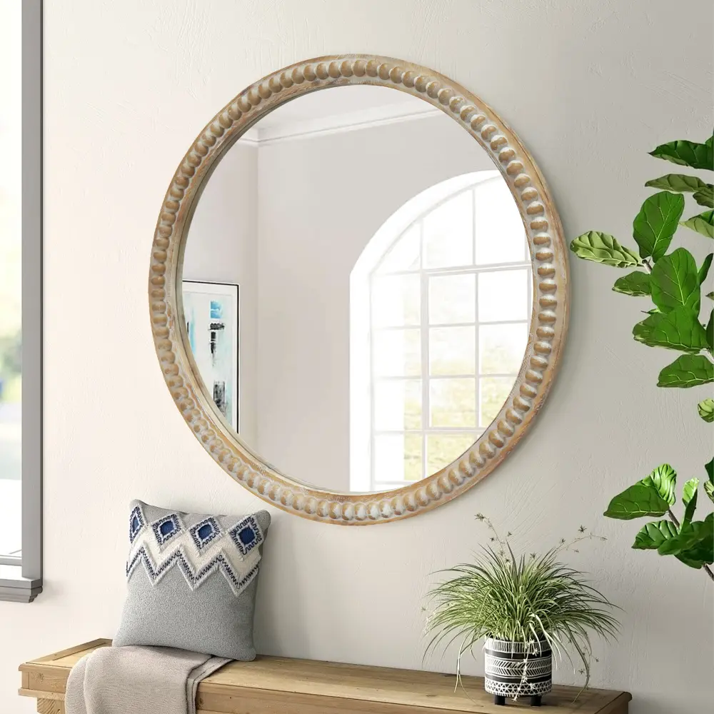 Littleox Round Decorative Wall Mirror, 35.43" Distressed Wood Beaded Frame Mirror for Entryway, Living Room, Bathroom, Farmhouse Style Accent Mirror