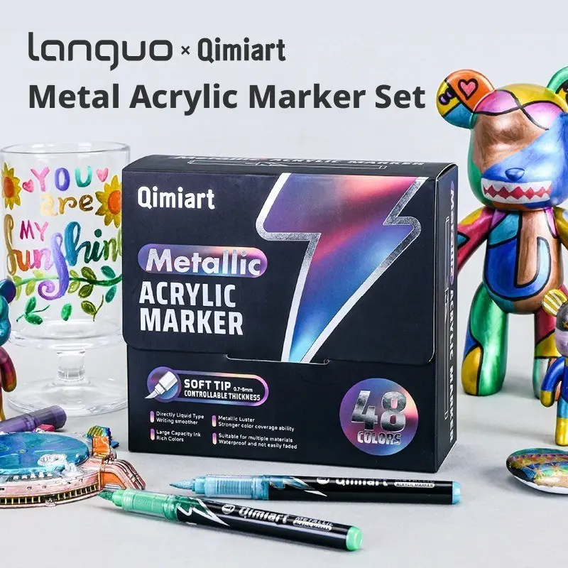 Languo Qimiart 48 Metallic Acrylic Paint Markers, Acrylic Markers Set, Soft Controllable Tip, Rich Shimmer Ink, Waterproof, Ideal for DIY Art Projects