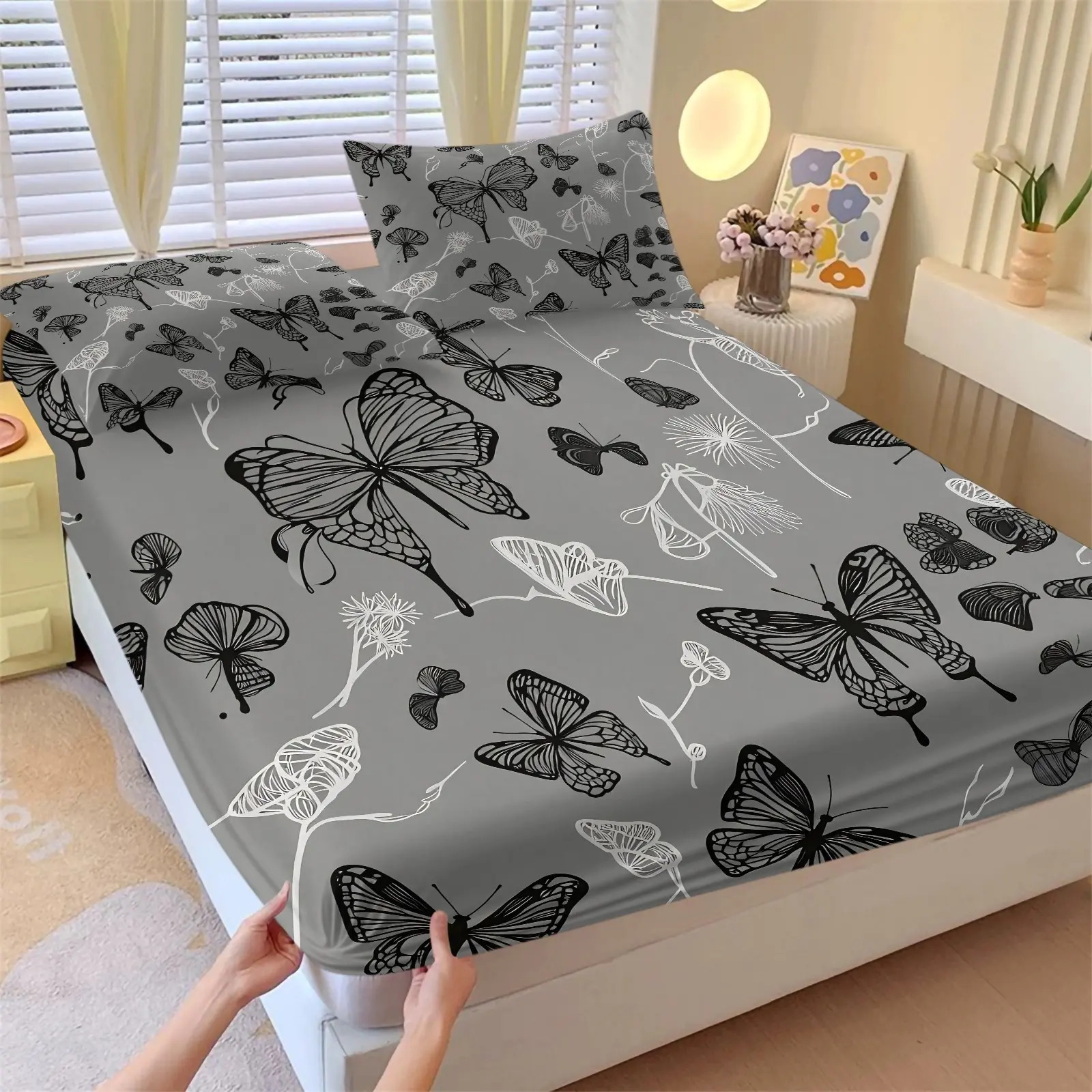 3pcs Monochrome Grey Butterfly Fitted Bedsheet Set & 2 Pillowcases, Abstract Butterfly Line Art Design, Soft Breathable Fabric, Deep Pocket Sheets Mattress Protector, Wrinkle-Resistant Bedding for Bedroom & Guest Room