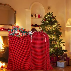 2 count Extra Christmas Drawstring Bags, 35''x 55'' Christmas Buffalo   Bags Red and Black Sack for Xmas Candy Goodie Holiday Party Favors Wrapping Storage