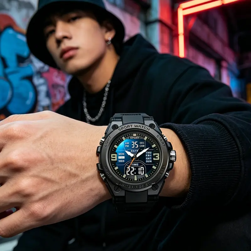 Men's Teenager School Student Trendy Multifunctional Night Light Alarm Waterproof Sports Watch, Quartz Watches, Analog Digital Quartz, Round Face, Blue Dial, Sporty Style, Luminous Alarm Wristwatch