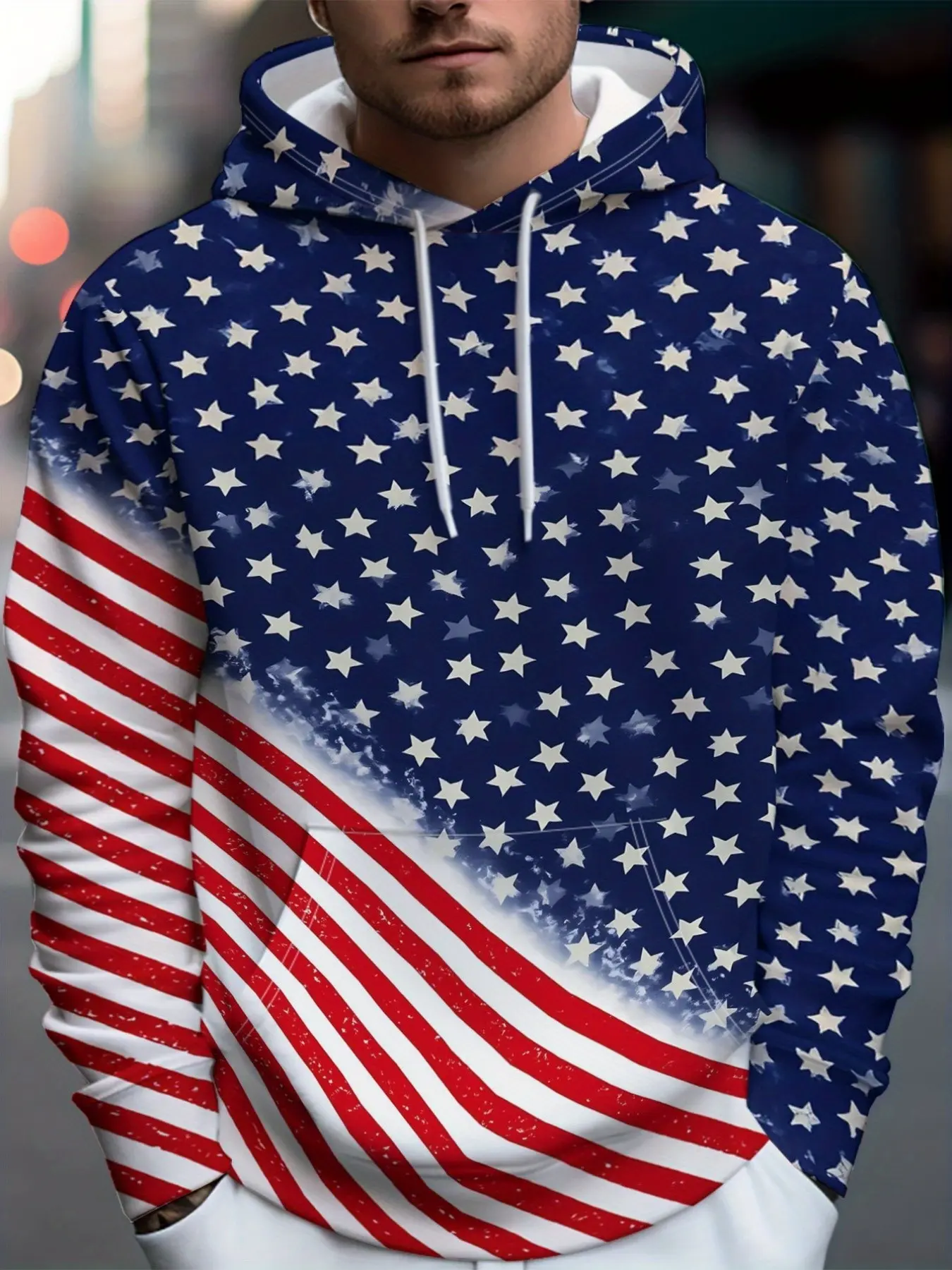 Men's Gradient Vintage American Flag Hoodie, Retro National Flag Print Drawstring Kangaroo Pocket Long Sleeve Sweatshirt, Casual Streetwear