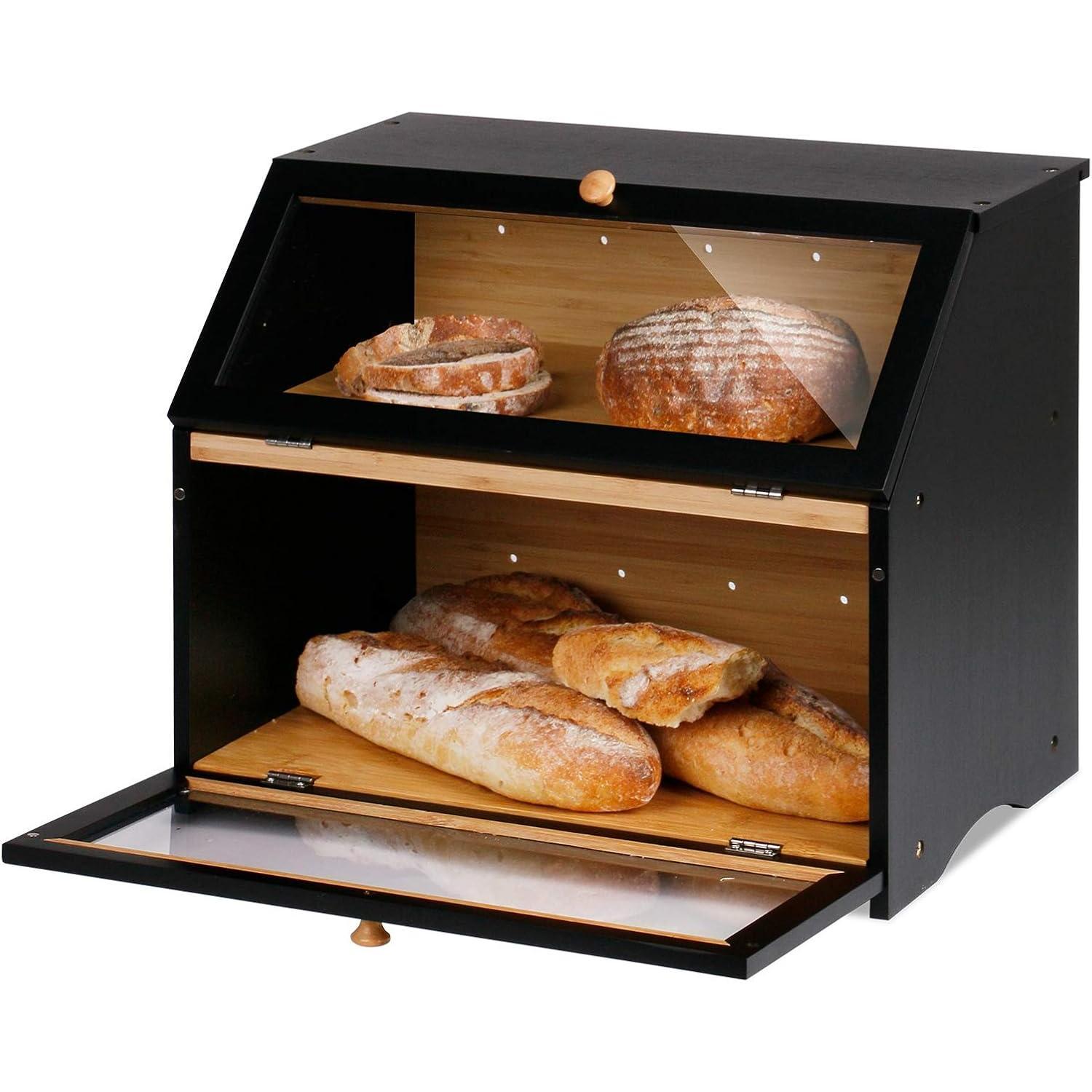 PLL Double Layer Large Bread Box for Kitchen Counter, Wooden Large Capacity Bread Storage Bin (Black)
