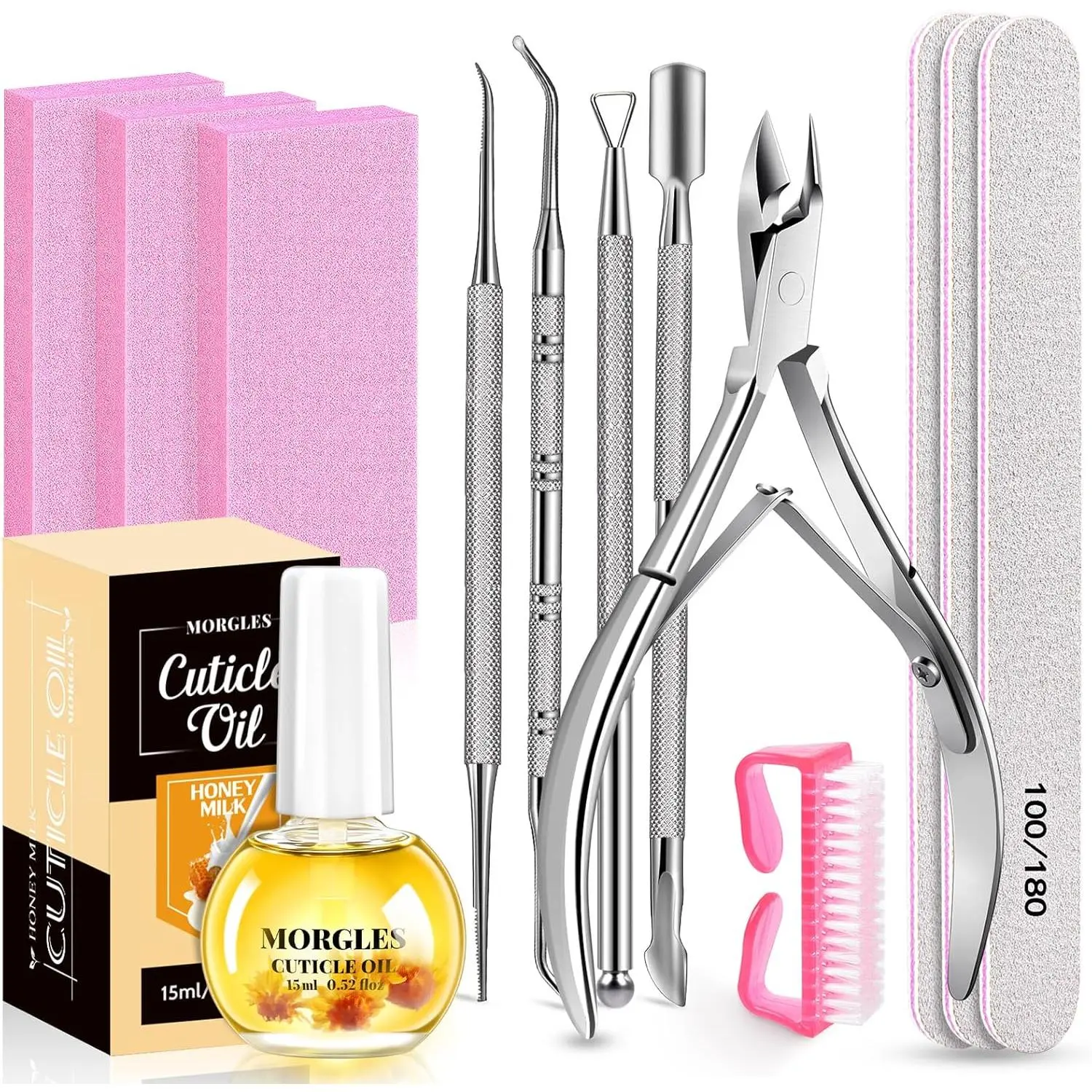 Women's 13-Pcs Nail Art Manicure Kit - File, Buffer Blocks, Milk & Honey Cuticle Oil, Trimmer Set for Professional Nail Care & Manicures
