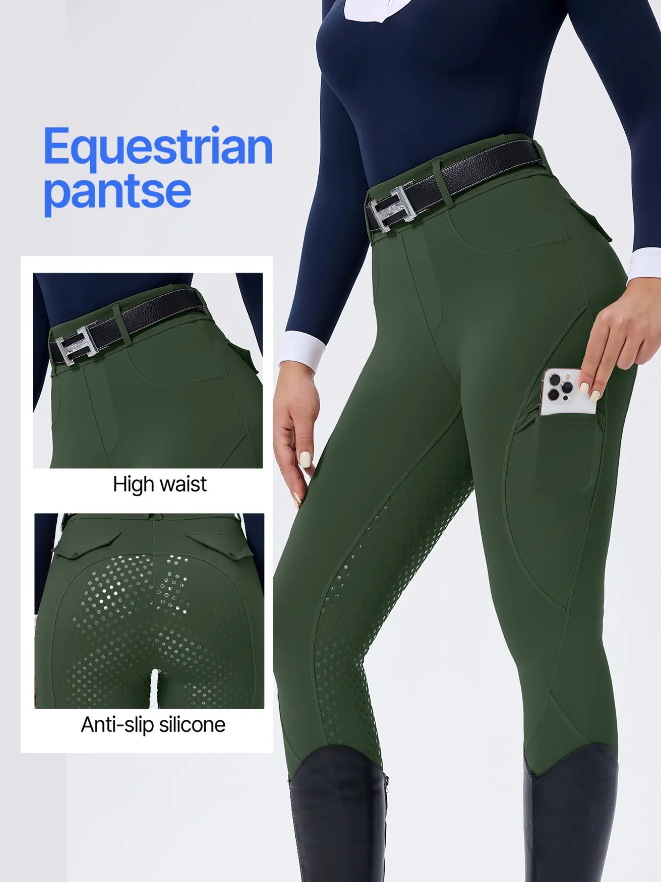 Women's Silicone Equestrian Pants, Anti-Slip Durable, High Elasticity Quick-Dry, Side Pockets, Professional Riding Training, No Belt Included