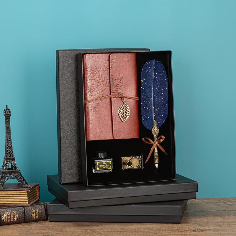 Creative Feather Design Pen Set, 1 Set Vintage Style Feather Design Pen & Note Book Set, Gift for Family & Friends & Teacher, Travel Diary Notebook