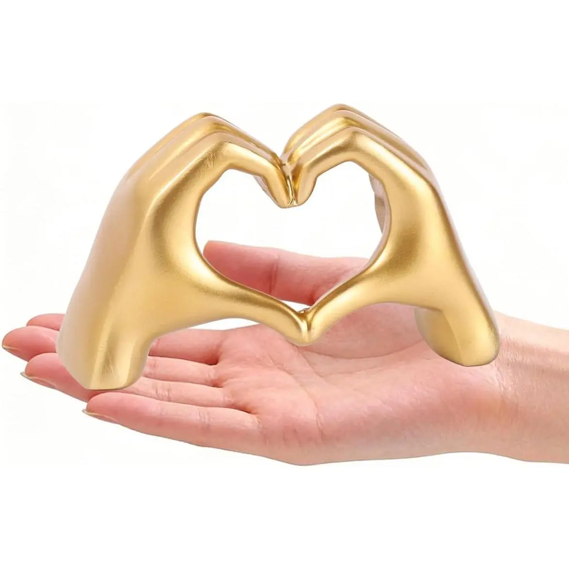 Gold Compact Love Theme Metallic Finish Heart-Shaped Hands Sculpture - Home Decor Figurine for Living Room Shelf, Wedding/Birthday Gift Knick Knack