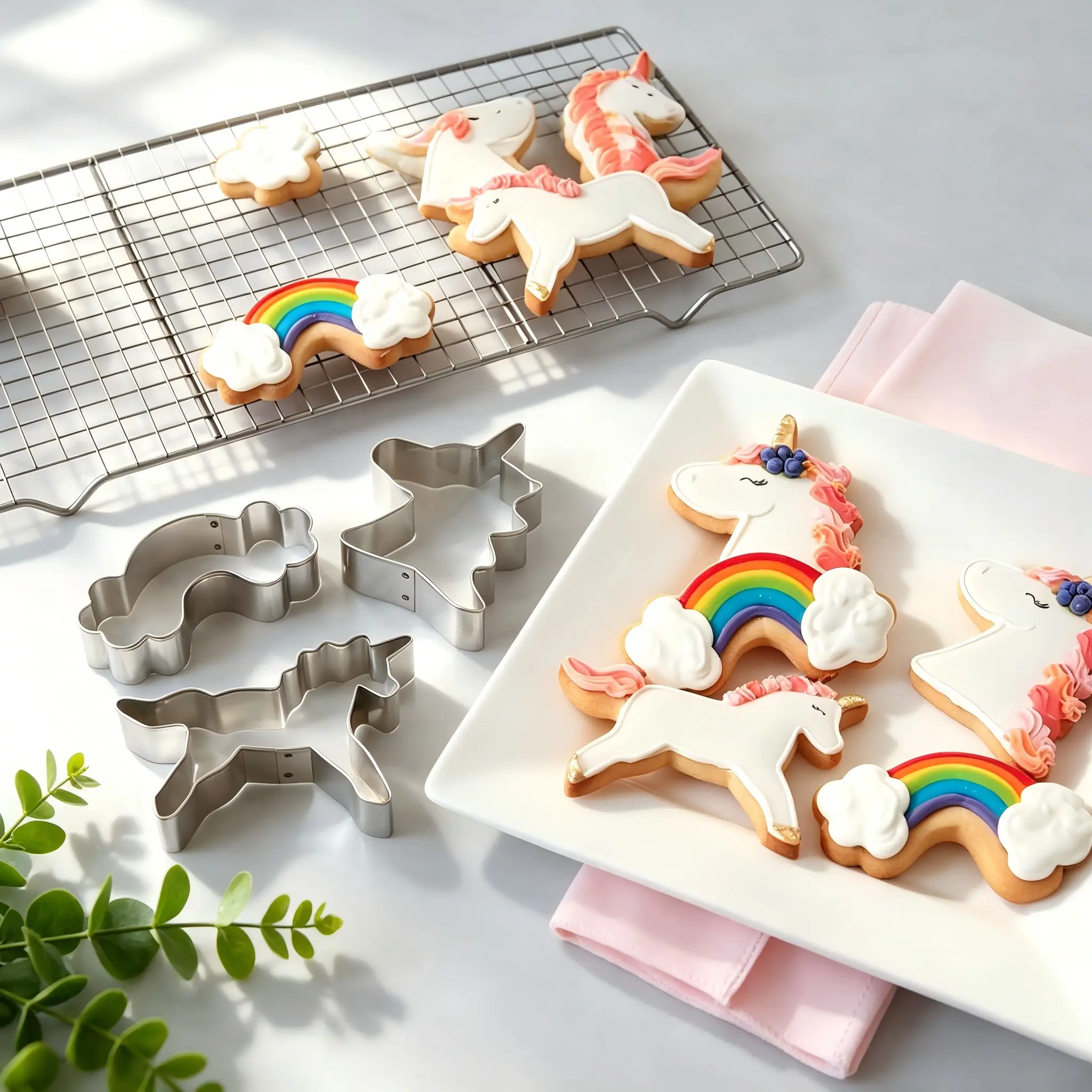 3 PCS Cookie Cutters Set, Food Grade Stainless Steel Unicorn Rainbow Cloud Shapes, Kids Birthday Party DIY Baking Decor, Safe Smooth Edge for Biscuit Dough Chocolate Fondant Cake Sugarcraft, Baking Utensils
