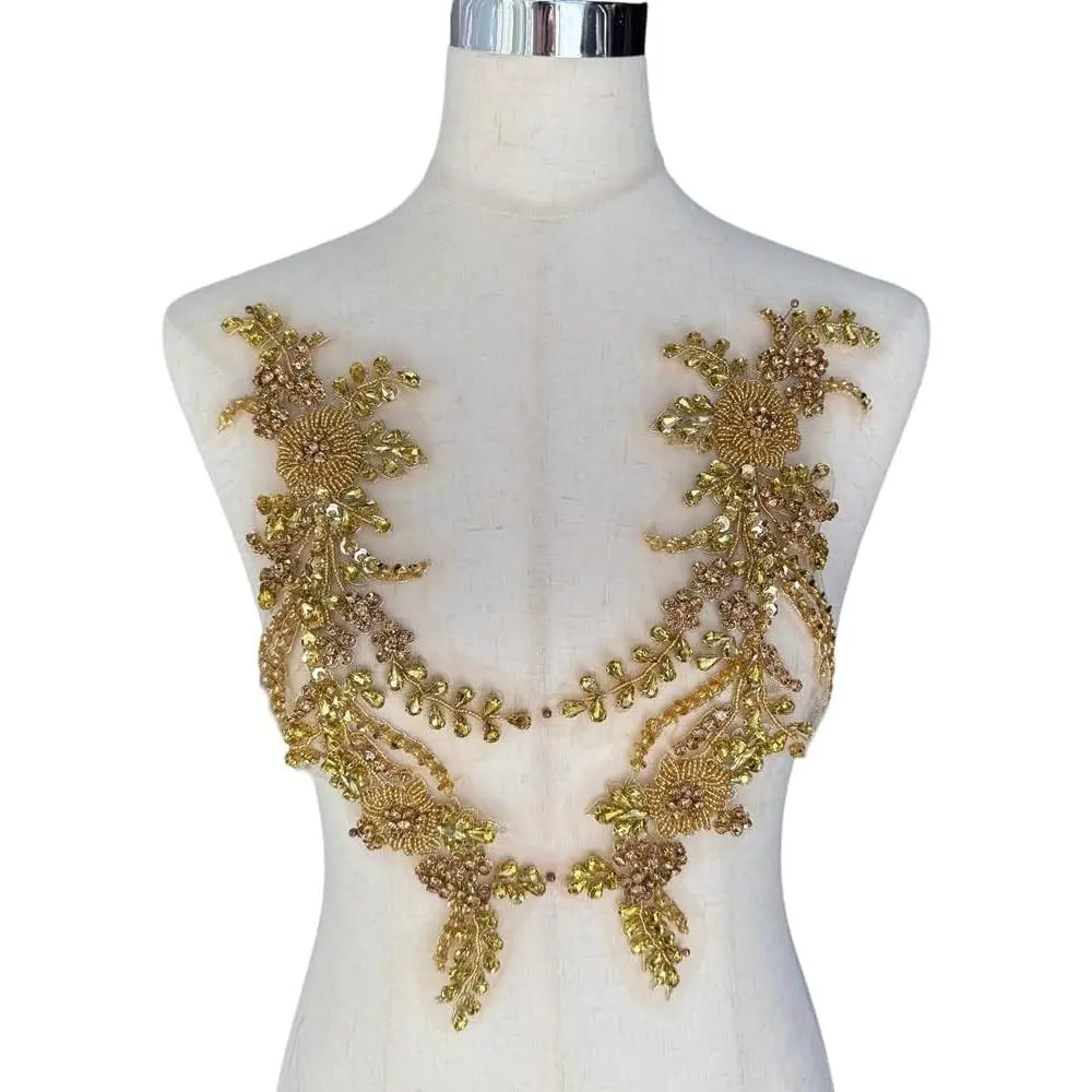 2PCS Rhinestones Beaded Shiny Applique patchs 3D Flower Beading Applique for Clothing Wedding Dress Prom Dress DIY Project Decoration 13.3 * 5.5 in (Gold)