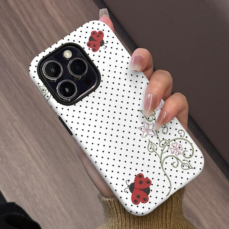 Polka Dot Ladybug Pattern Phone Case , Shockproof Rugged Cover Dual Layer Soft TPU Hard Bumper Shell for iPhone 7 8 X XR 11 12 13 14 15 16 17 Pro Max Plus Air, Cute Y2K Art Style, Kawaii Floral