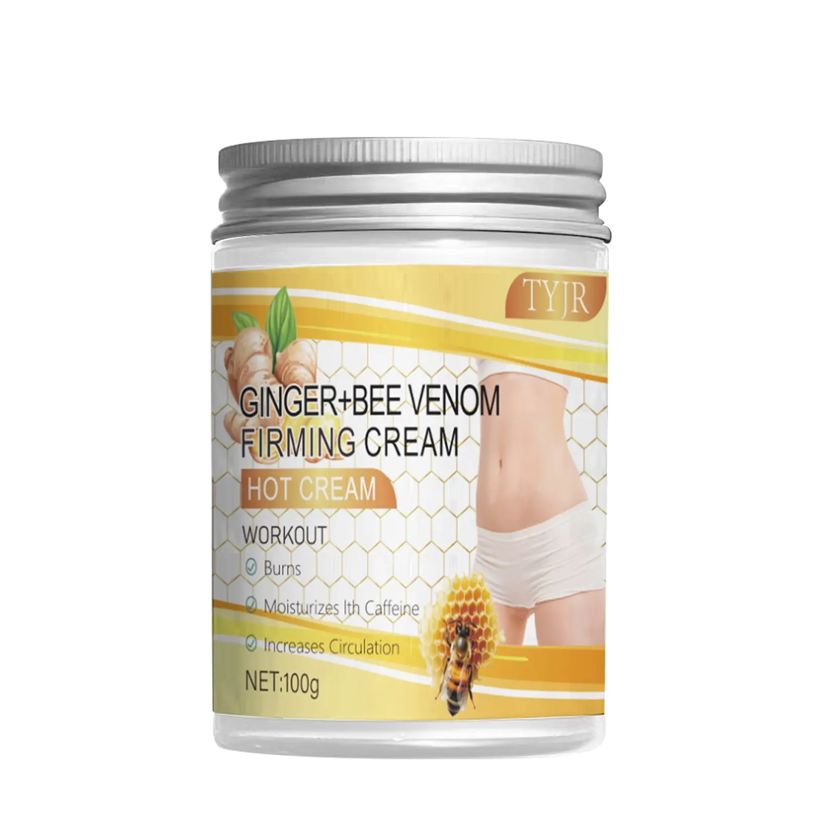 Yuitikue 100g Ginger Bee Venom Warm Tightening Cream, Coconut Oil Hyaluronic Acid Body Balm, Moisturizing Massage Lotion