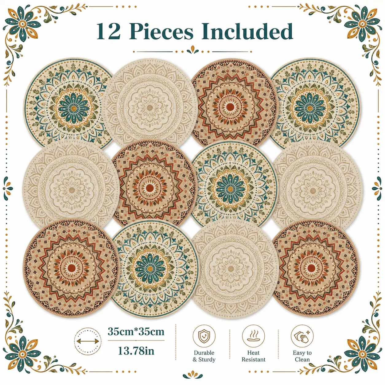 Round Placemats Set of 12, 35cm/13.78in Boho Mandala Place Mats, Vintage Floral Dining Table Mats for Kitchen, Dinner, Party, Holiday & Home Decor