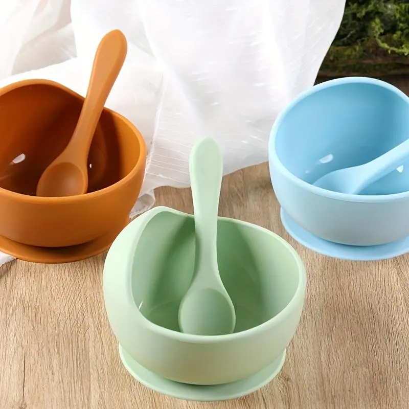 1 set of 2 silicone bowls, Toddler dinnerware set, children's bowl, silicone suction cup, bowl and spoon set, tableware, anti-drop complementary food training bowl, silicone straw, integrated portable and non-slip