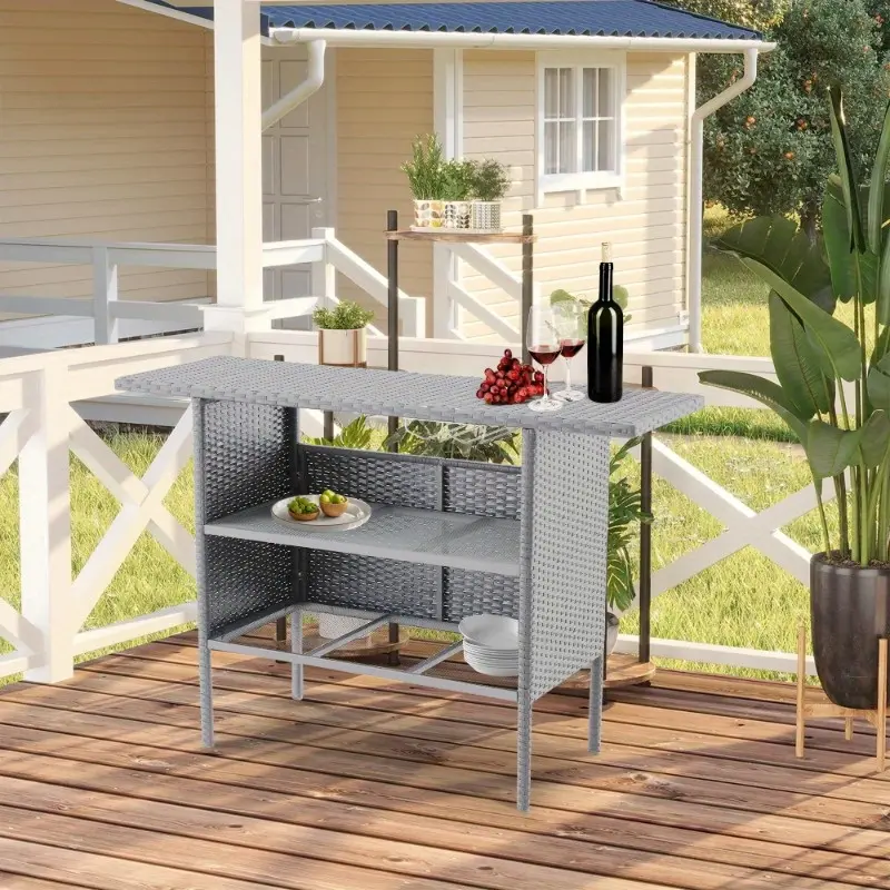 Outdoor Patio Wicker Bar Table with 2-Tier Metal Shelf, All Weather Outdoor Console Table with Large Storage for Pool, Lawn, Gazebo, Backyard, Gray