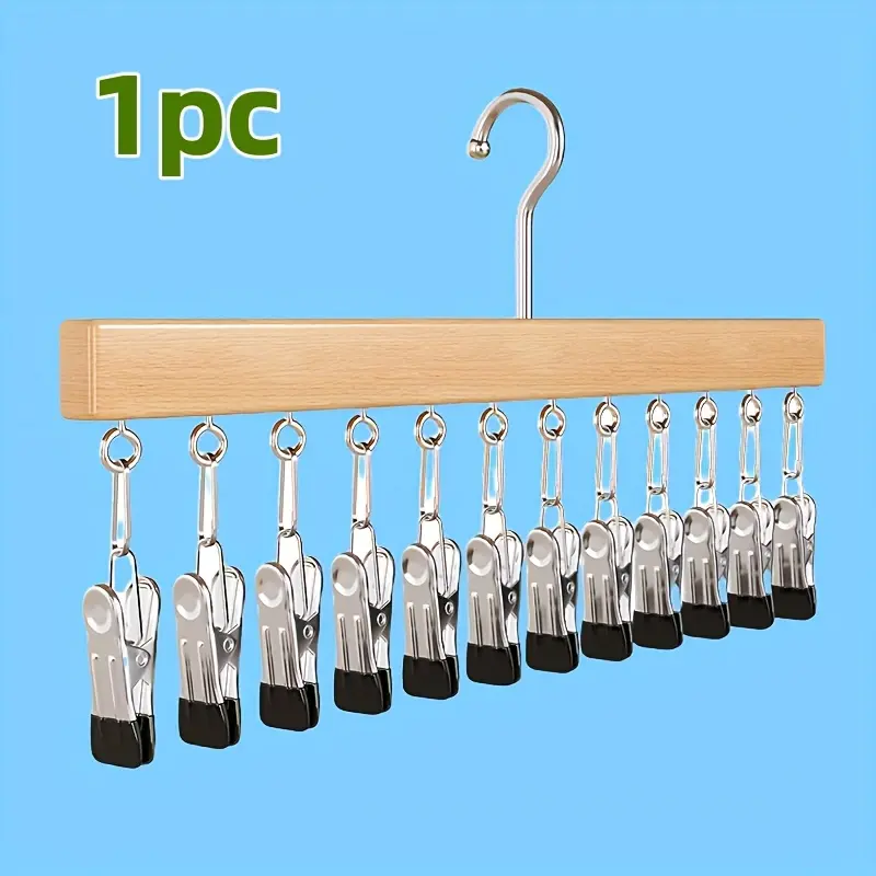 A multi-functional hanger featuring 12 clips, Wood Tone, suitable for organizing and drying items such as hats, ties, socks, pajamas, tank tops, scarves, skirts, belts, and bras. It is a space-saving hat and trouser hanger designed