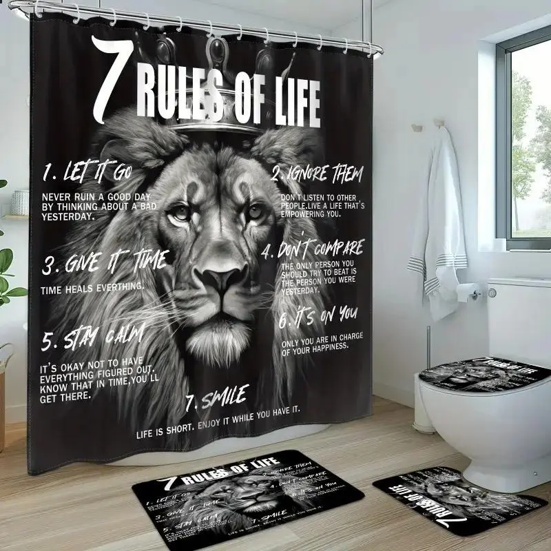 1/4-piece retro-style shower curtain set with quotes from the African American classic Animal Kingdom, including a non-slip mat, U-shaped rug, and toilet seat cover, bathroom décor, Bathroom Accessory, Bathroom Decor And Accessories, comes with 12/24 hook