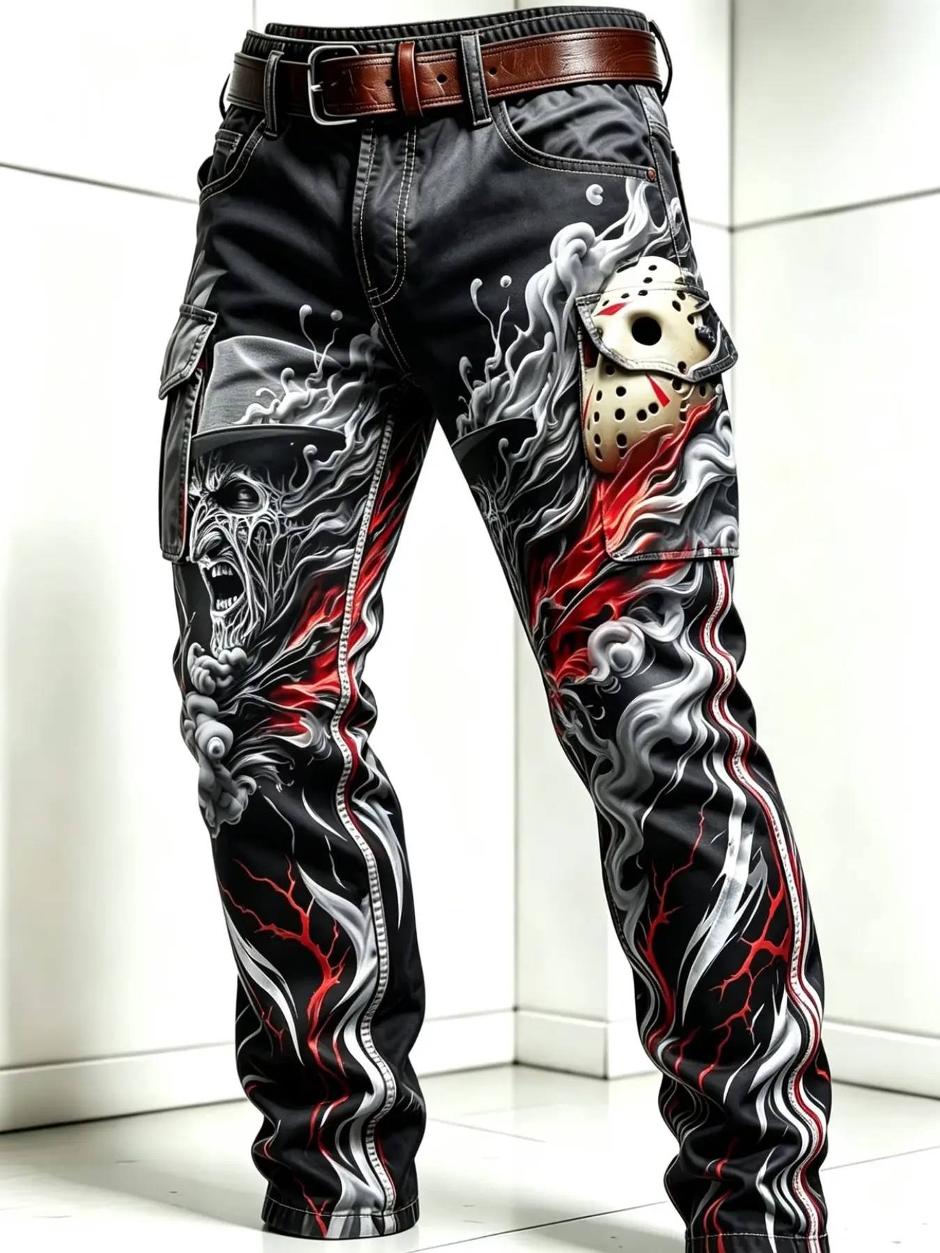 Men's Dark Style Digital Print Cargo Pants, All-Season Casual Long Trousers, Multi-Pocket, Ideal for Halloween, Camping, Fishing, Outdoor Work