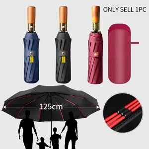 Automatic Folding Umbrella Double Person Wooden Handle Aluminum Alloy Frame Black Glue Fabric   UV Protection 3-Fold Umbrella, B Portable Foldable Umbrella