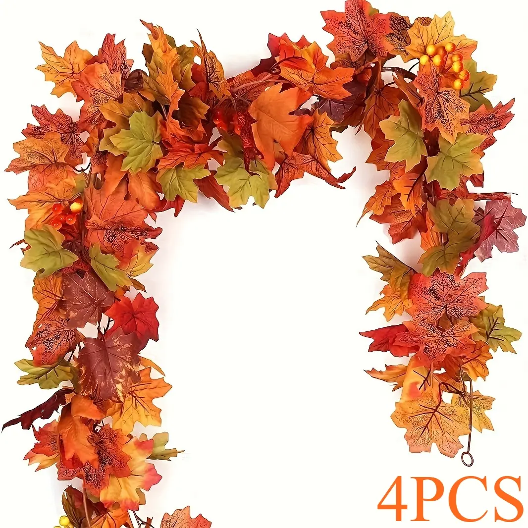 4PCS Artificial Maple Leaf Wreaths, Realistic Autumn Red Orange Yellow Green Heavy-Duty Plastic Fall Vine for Thanksgiving Halloween Wedding Decor, No Power Required, Indoor Outdoor Home Garden Ornaments