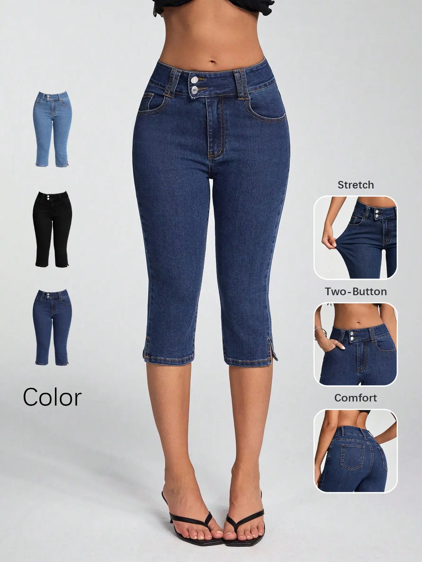 Women's Casual Basic High-Waisted Cool Seven-Quarter Jeans Bottoms, Dual Button Elastic Side Slit Thin Tight Fit Capri Pants for Summer
