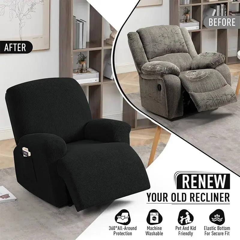 Premium Corn Fleece Waffle Recliner Cover, High Stretch Spandex Reclining Chair Slipcover with Side Pocket, Anti-Slip Elastic Bottom, Machine Washable Furniture Protector for Kids & Pets