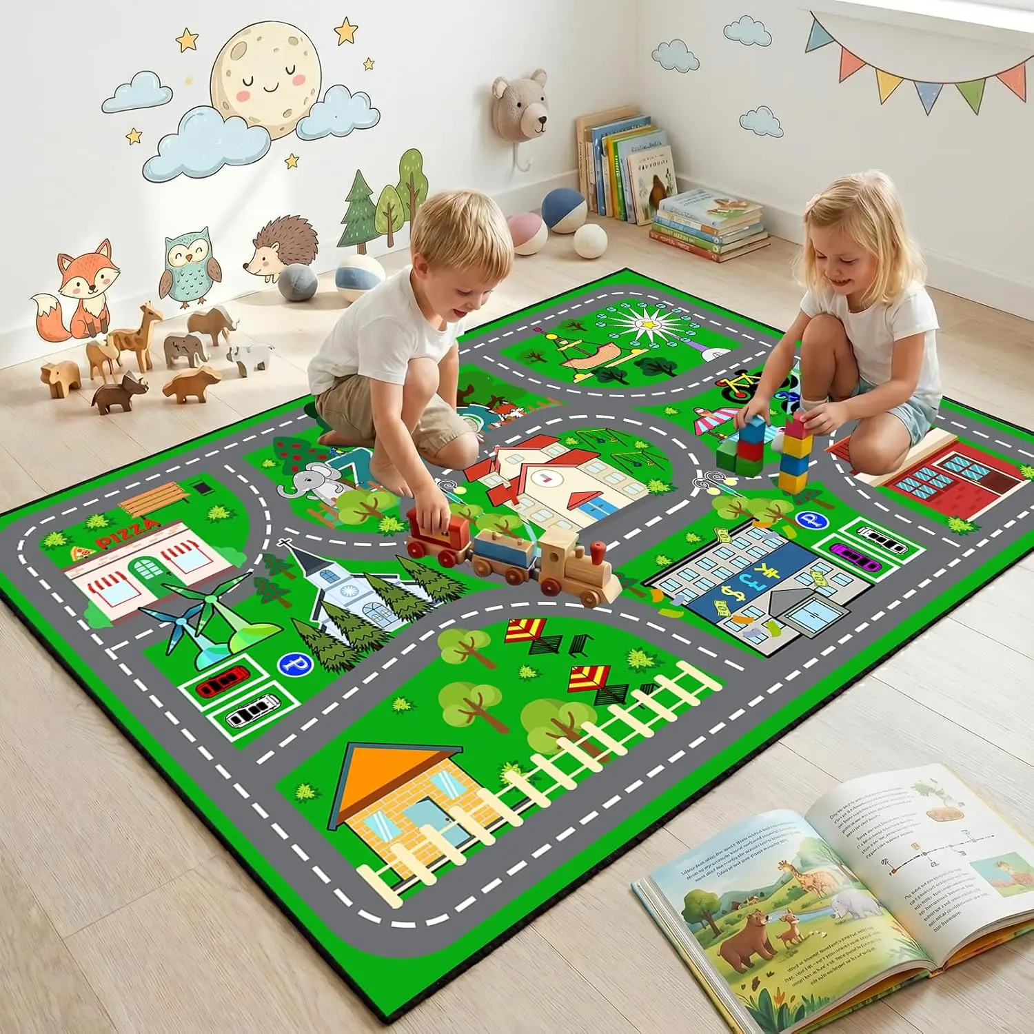 Car Rug Play Mat - Green Road Rug  Kids Boys Room, Fun Race Track Traffic Road Carpet  Boys Playmat Educational Learn, Car Carpet  Kids Room Decor Playmat Bedroom Playroom, 2.5x4 Feet New model ball pit detachable toy indoor infant sensory baby toy