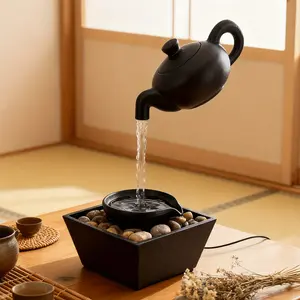 Zen Teapot Water Fountain Lamp with Soothing LED Glow & Water Flow - Black Resin Relaxation Fountain, Pebble Bed for Home/Office Decor,, Meditation Aid, Warm Light Gift for s ( Operation)